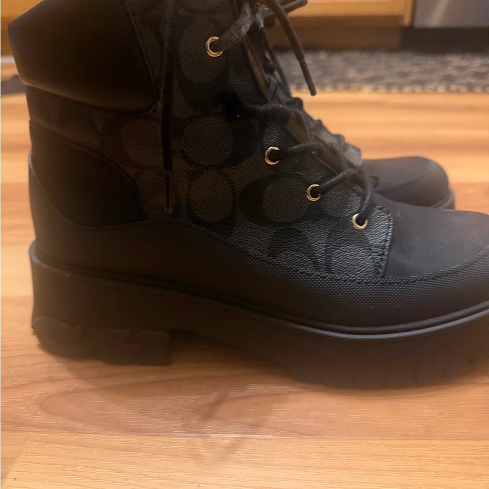 Coach Black Signature Lace-Up Lug-Sole Ankle Boots - Picture 2 of 8